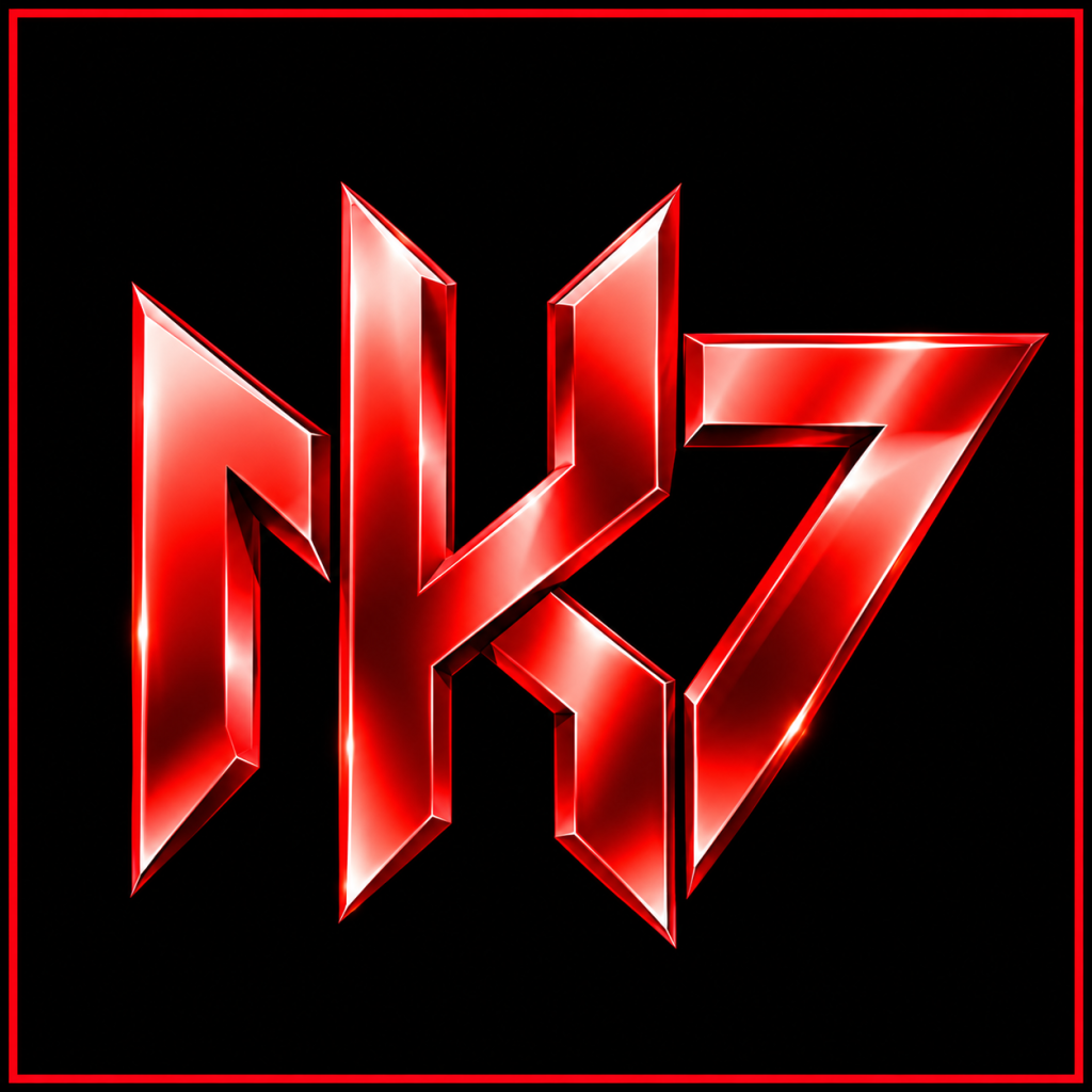 NK7 Game logo with a metallic red NK7 emblem and golden text on a black background