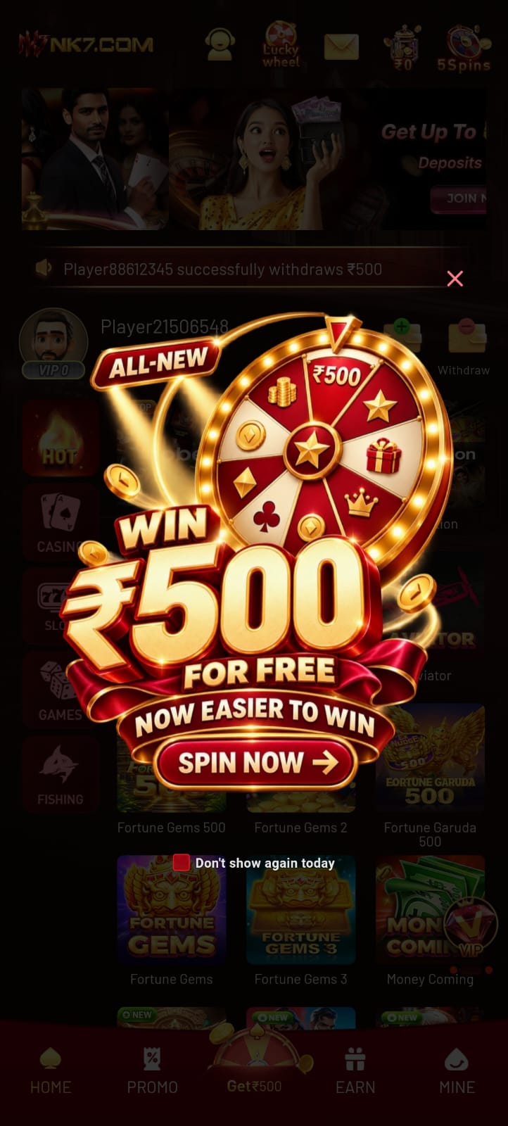 NK7 Game spin wheel promotional banner featuring a ₹500 free spin offer, golden prize wheel, coins, and red and gold graphics.