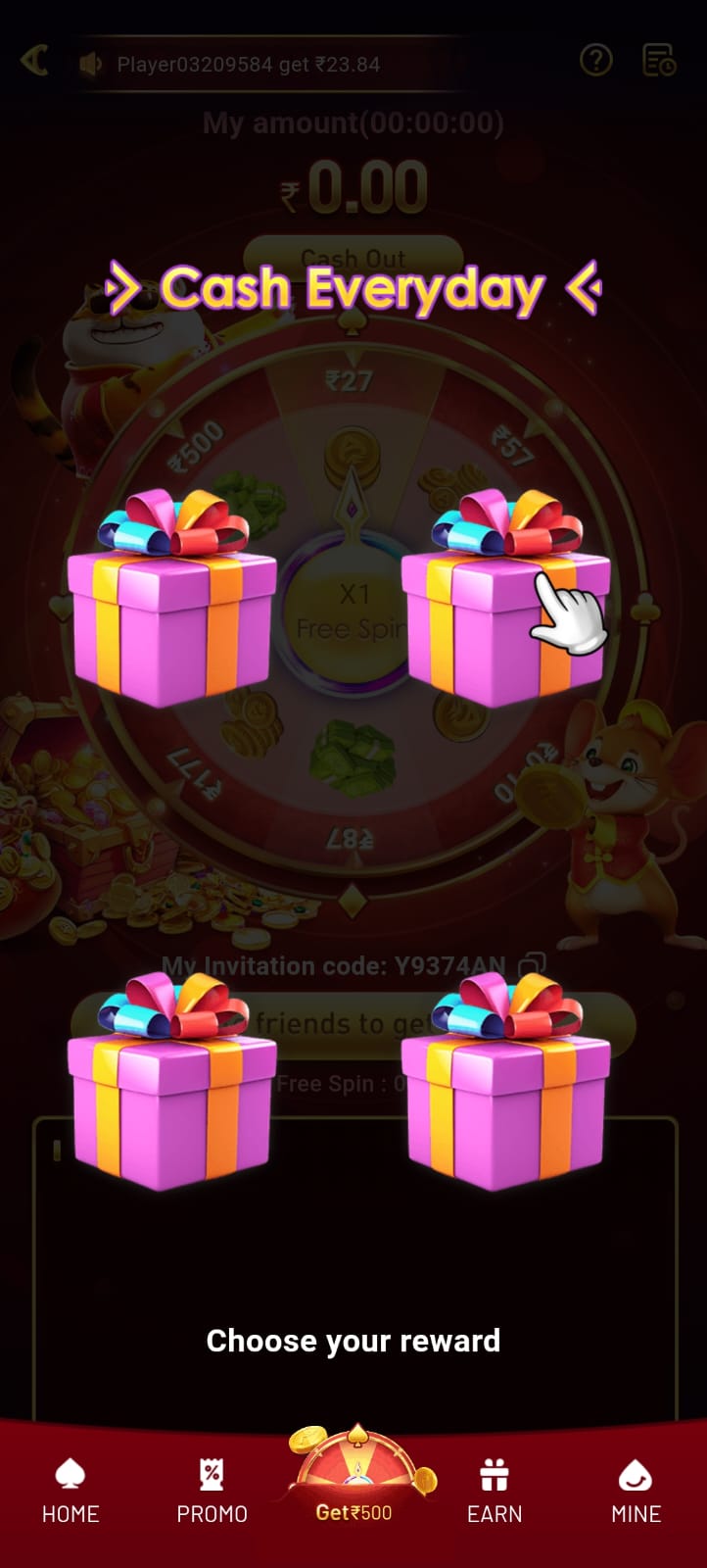 NK7 Game Cash Everyday reward screen featuring colorful gift boxes, a lucky spin wheel, and reward selection options.